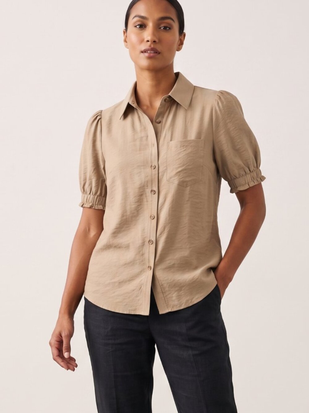 NWT | PrettyGarden Khaki Puff Short Sleeve Button-Down Blouse Medium